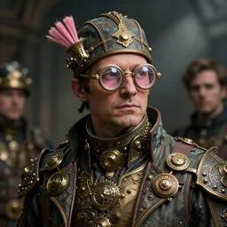 steampunk surgeon with intricate eyeglasses, pink and gold, by Anato Finnstark, Tom Bagshaw, Brom