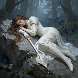 wide angle, knight, sleeping on rock, white grey blue color palette, eyes closed, forest, female, d & d, fantasy, intricate, elegant, highly detailed, long brown hair, digital painting, artstation, octane render, concept art, matte, sharp focus, illustration, hearthstone, art by artgerm, alphonse mucha johannes voss