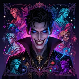 A digital matte intricate illustration concept art of young vampire boy glowing eyes and sharp teeth alt art fashion inspired art by Charlie Bowater and Artgerm and Mark Arian and Ross Tran + neon colors, wakfu colors + symmetry + greco-roman art, intricate complexity, epic composition, magical atmosphere, highly detailed, cinematic lighting + masterpiece, trending on artstation + 8k
