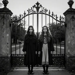 black and white photo of Spooky Twin girls standing in front of a Victorian wrought iron gate at sunset