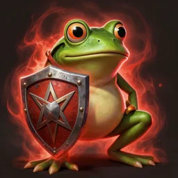 magic : the gathering fantasy character concept art by franz frazetta, high resolution. a clear portrait of pepe the frog, feels good man, holding a buckler shield with a pentagram on it, radiating a red arcane energy aura, gritty coloring, intricate, digital painting, artstation, smooth, sharp focus