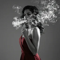 a detailed photo of woman in evening dress and smoke around the woman, noire photo, grayscale photo with red dress, photo by Michael David Rock, 8K, 50mm lens