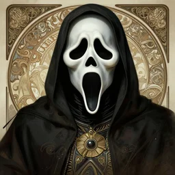 ghostface, creepy, intricate, elegant, highly detailed, digital painting, artstation, concept art, smooth, sharp focus, illustration, art by artgerm and greg rutkowski and alphonse mucha