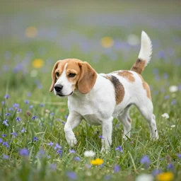 white and brown beagle dog playing in a flowery field by Quint Buchholz