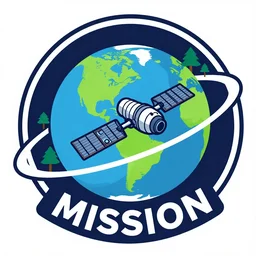 mission patch logo of a satellite orbiting the Earth, with trees and the north and south pole. Vector art.