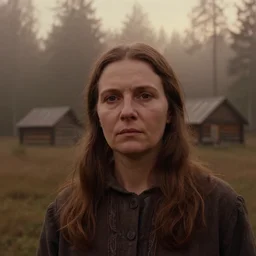 close up portrait bust of woman, solemn expression, faded color film, russian cinema, tarkovsky, kodachrome, heavy forest, wood cabin in distance, deep depth of field, long brown hair, old clothing, heavy fog, atmospheric haze, brown color palette, sunset, low light, hudson river school, 4 k, dramatic lighting