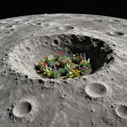 a landscape on the moon with many craters, barren moon landscape, in a big crater at the center there is a beautiful flowering garden, 8 k, in the style of martin johnson heade and daniel merriam and roger dean,
