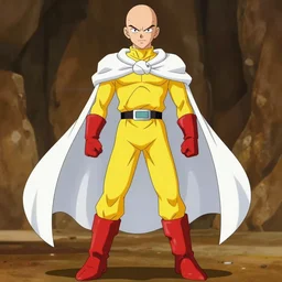 anime baldy man with long - sleeved yellow shirt, red gloves, red boots white cape