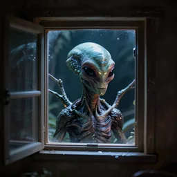 a photorealistic alien seen through a small window at night