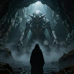 cthulhu, in a dim flooded cave, a cloaked figure's silhouette in foreground, low hanging fog, by hp lovecraft, by greg rutkowski, by andree wallin, by zdzislaw beksinski, thalassophobia, very detailed, octane render, cinematic lighting, volumetric lighting, 8 5 mm