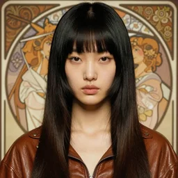 ektachrome, youthful asian demure, exquisite features, feminine cut, frontiers in flight leather, alphonse mucha, paolo roversi