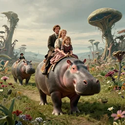 35 mmfilm still from a sci fi blockbuster movie made in 2022, set in 1860, of a family riding on the back of alien hippos, on an alien planet, across an alien landscape that is full of strange wild alien plants and flowers, the family are wearing 1850s era clothes, cinematic lighting, 4k, in focus faces, good quality lighting, good quality photography