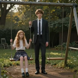 “slenderman standing by a girl on a swing set, style of Edward Gorey”