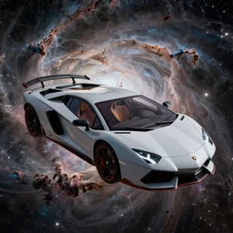 close - up lamborghini starship floating in nebula, ludek pesek, rick guidice, chesley bonestell, lucien rudaux, rolf klep, fred freeman, george pal