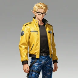 elven male, shaggy blonde hair. Wearing modern yellow leather jacket and blue camouflage pants, glasses. Modern, concept art, Akikazu Mizuno, phantasy star online, anime