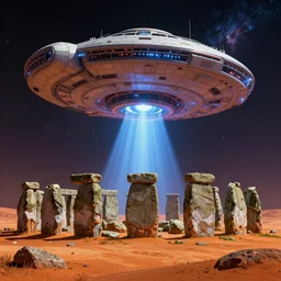 stonehenge on mars with cosmic spotlight tractor-beam from massive futuristic mothership, Mark Ryden style, vivid colors, high details, cinematic, 8k resolution, beautiful detailed, photorealistic, digital painting, dark atmosphere, artstation, concept art, smooth, sharp focus, illustration, fantasy background, artstation trending, octane render, unreal engine