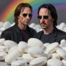 ultra realist and ultra intricate detailed soft painting render of pill scene in the Matrix, Marlon Brando as Morpheus with Keanu Reeves as Neo, focus, rainbow lighting, award winning, trending in cgsociety artstation deviant art, octane render