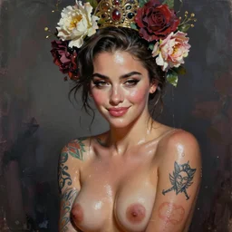 expressive oil painting, of emilia clarke, seductive look, smirk, smooth glowing skin, glistening body, love,, sweat, tattoos, ornate headpiece made flowers, glamour shot, by yoshitaka amano, by greg rutkowski, by jeremyg lipkinng, by artgerm, digital art, octane render, grunge aesthetic