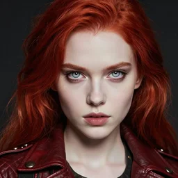 head and shoulders photo of a young girl in a leather jacket, pale skin, piercing pale eyes, red hair, vibrant color, steampunk, high detail, masterpiece by craig mullins, ruan jia, frank frazetta, peter mohrbacher, eddie mendoza