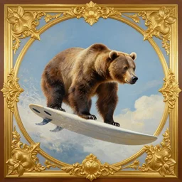 painting of grizzly bear on a surfboard surfing through the sky, by artgerm, by justin cheung, by greg hildebrandt, by wlop, charlie bowater, golden ratio, symmetric, elegant, ornate, luxury, elite, matte painting, cinematic, trending on artstation, deviantart and cgsociety, 8 k, high resolution