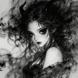 portrait of demon girl by bastien lecouffe deharme, dreamy and ethereal, expressive pose, big black eyes, exciting expression, fantasy, intricate, elegant, dark and moody smoke, highly detailed, digital painting, artstation, concept art, smooth, sharp focus, illustration, black flowing ink, blackened eyes
