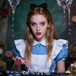 melting hyper realistic photograph of pretty girl, lighting alice in wonderland, dj sura face, artgerm, ilya