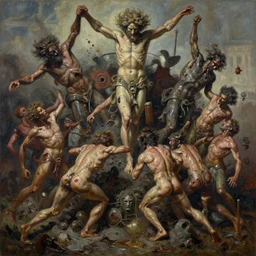 oil paint of flayed god machines, cluster battle chaos endless! patina sheen rotting, by alberto bontempi, alex ross, shigeru komatsuzaki, wayne d barlowe, alex ross, stefano tamburini, simon bisley & boris vallejo, enric torres, hyper realism, narrative light, muted colors, epic, hyper detailed, awe inspiring, award