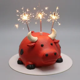cake in shape of a bull, red, photography, 8 k, featured on flickr, birthday candles, sparkles