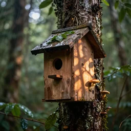 wooden birdhouse in a tree in the rain forest, mushrooms and leaves on the birdhouse, backlit, realistic, beautiful lighting