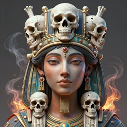 a beautiful detailed 3d matte painting of face portrait of female Sumarian Deat Goddess, by ellen jewett, tomasz alen kopera and Justin Gerard, symmetrical features, ominous, magical realism, texture, intricate, ornate, royally decorated, skull, skeleton, whirling smoke, embers, white adornements, white  torn skulls, radiant colors, fantasy, trending on artstation, volumetric lighting, micro details, 3d sculpture, ray tracing, 8k