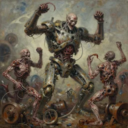 oil paint of flayed god machines, cachexia battle frenzy, intricately macerated by age, sentient, dethroned goliath machine, whipping catarrh blood turbines, hydrocracking battles, rusted, macerated, eviscerated by fimbria wires, bicornate fungal pit, rotting, by alberto bontempi, alex ross, shigeru