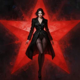 lady in black coat and pantyhose in cosmic horror style, giant red star, intricate, seductive confident pose, realistic, extremly high detailed, digital painting, art by wlop and artgerm and ross tran and greg rutkowski, charlie bowater