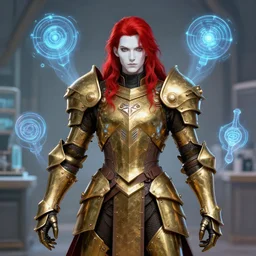 a dnd holocaster, male, hi tech brass armor, long red hair, white skin, holographic summons, lab background, highly detailed, sharp focus, smooth, digital illustration, by clyde caldwell