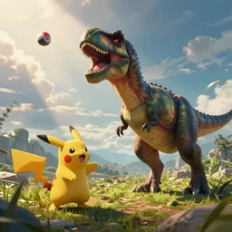 A Pokémon trainer throwing a pokeball at a T-Rex