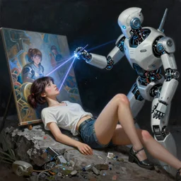 An epic fantastic realism comic book style painting of a beautiful girl laying on a rock as a robot is painting a picture of her with lasers, robotics, short pigtails hair,  cyberpunk, Concept world Art, ultrarealistic, hyperrealistic,  dynamic lighting by Paolo Eleuteri Serpieri