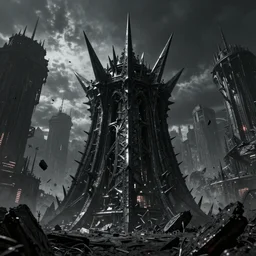 giant black metal Spikes erupt out of the ground in a gothic medieval cyberpunk city, debris flying around, pain, the feeling of grimdark terror, high quality, detailed, 8k, unreal engine, octane render, trending on artstation