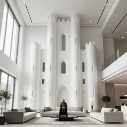 Batman standing in giant Italian modern castle living room, clean minimalist design, that is 1300 feet tall, with very tall giant walls filled with modern art paintings, doors that are cosmic portals, photo by Annie Leibovitz