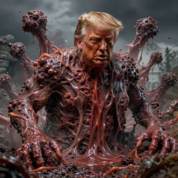 donald trump's disgusting true form bursting from within, gross, slimy, sleazy, pustules, high details, intricate details, by stephen gammell