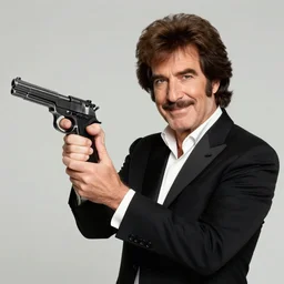 Bob Ross as 007, promotional image, pistol in hand