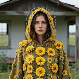 a woman wearing a hooded cloak made of zinnias and barbed wire, in a derelict house, by Corbin Gurkin, natural light, detailed face, CANON Eos C300, ƒ1.8, 35mm, 8K, medium-format print