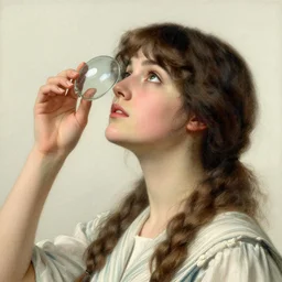 A young woman using glassed looking to the sky portrait, very detailed, , 1900 illustration artwork