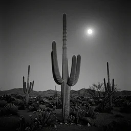 desert with saguaro cactus moon, black and white, dark, gritty high contrast, pinhole camera - n 5