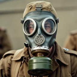 person wearing gas mask, ww1 technicolor film photo, grainy, high detail, high resolution