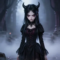 photorealistic full shot portrait of kawaii angry darkness anime girl, gothic clothing, worrying eyes, inspired by Tim Burton, detailed, unreal engine 4k volumetric light, fog,