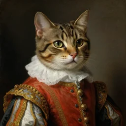 portrait of a cat wearing renaissance clothes. art by rubens, oilpainting, sharp focus, very detailed, hyper realistic, rich colors