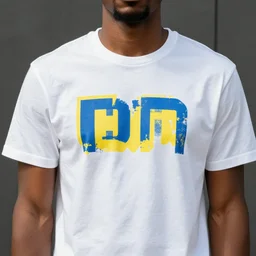 realistic black man with white t - shirt with large blue and yellow text