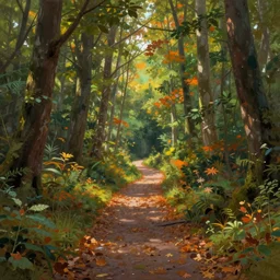 A beautiful pathway in a forest, lush trees, in fall, a fantasy digital painting by Greg Rutkowski and James Gurney, trending on Artstation, highly detailed