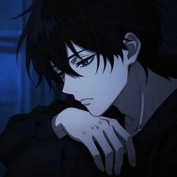 dark rough anime style 2 d artistic picture of a young man with empty eyes and looking almost dead with sharp facial features and black hair looking sadly down on his hand, rear facing, only black and blue high contrast colour spectrum, melancholic, allegorical style, dark style