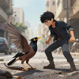 the battle between the myna bird and the scolopendra, on the streets of the white city in tel aviv, apocalyptic setting, bokeh, cinematic lighting, sharp focus, character art, illustration, digital art painting, trending on artstation, by masamune shirow, by greg rutkowski
