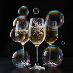 wine surrounded by artistic rainbow bubbles in front of a black background